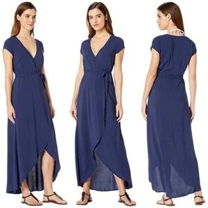 L Space GOA Wrap Dress Maxi Midnight Blue V-Neck Short Sleeve Rayon Hi-Lo M